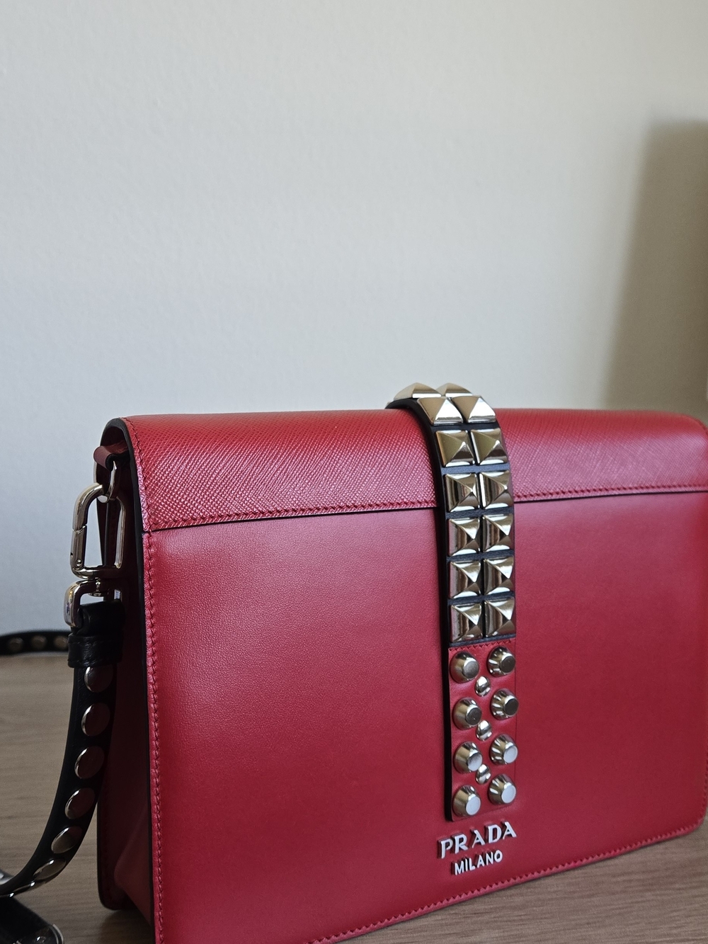 Prada Elektra Red/black Color City Calf+Saffiano Leather Crossbody Bag - Picture 6 of 9